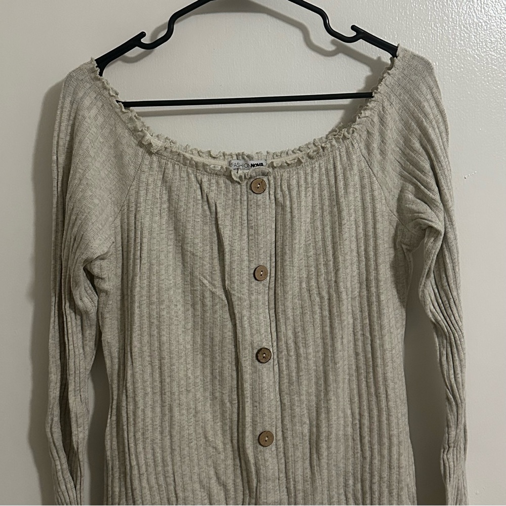 Women's oatmeal off the shoulder dress with Button Detail
